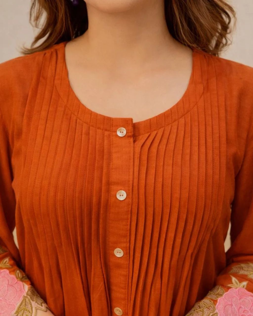 Rust Orange Cotton Floral Embroidery Co-ord Set