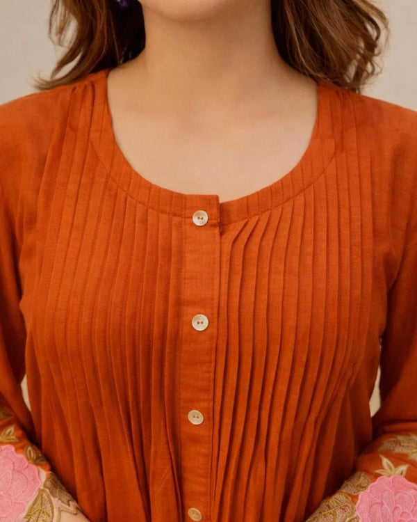 Rust Orange Cotton Floral Embroidery Co-ord Set