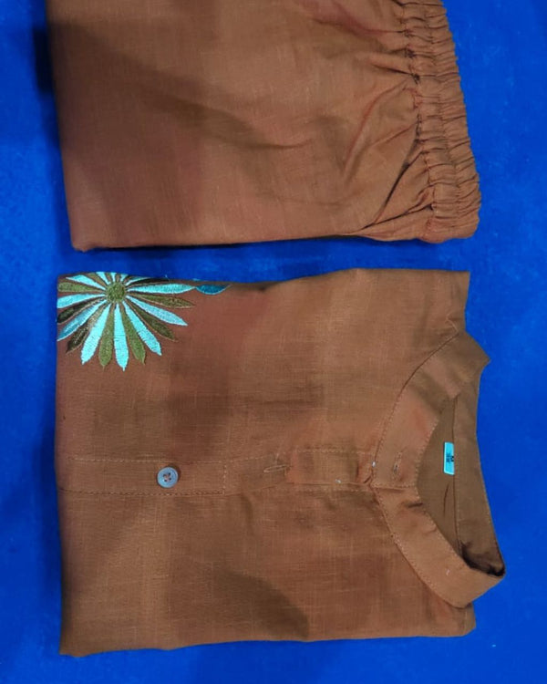 Brown Cotton Slub Multi-Embroidery Co-Ord Set