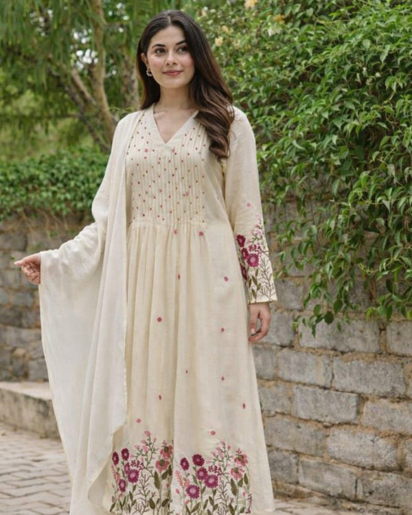 Cream Floral Embroidered Dupatta Set
