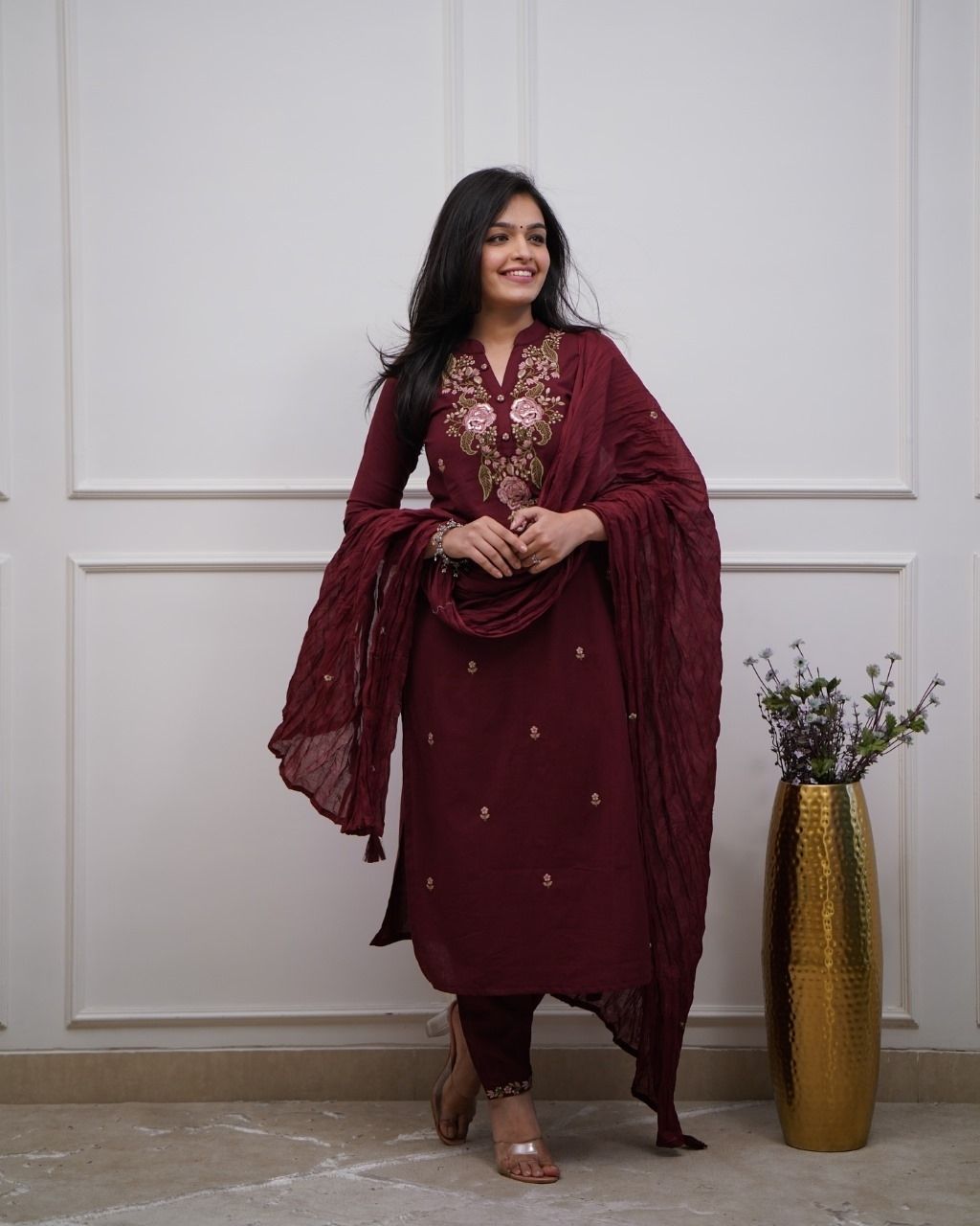 Wine Cotton Embroidered 3-Piece Kurta Dupatta Set