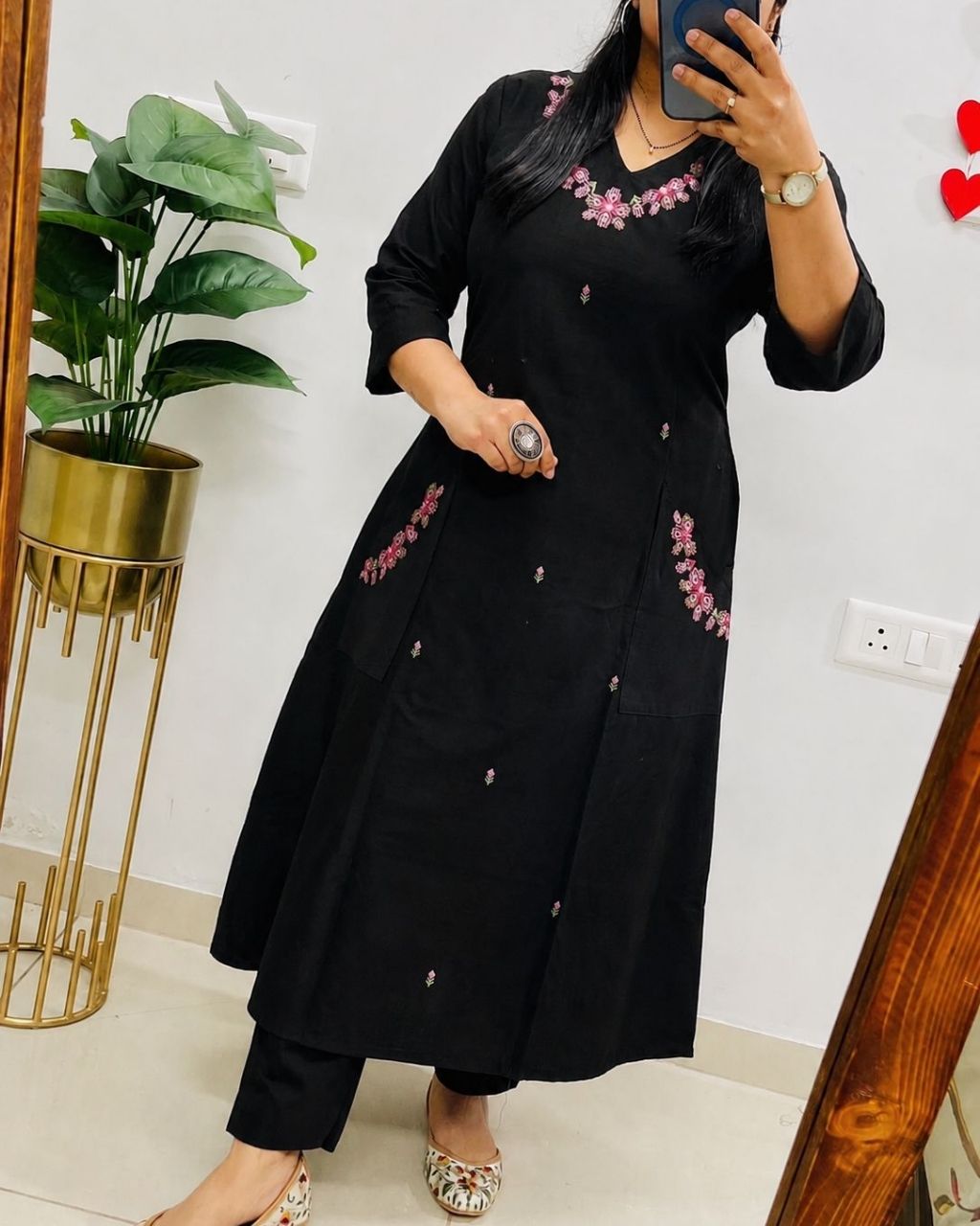 Black Cotton Embroidered Kurta Set