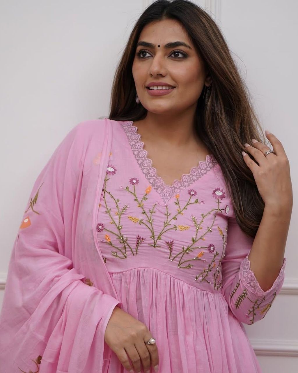 Pastel Pink Cotton Embroidered Anarkali Dupatta Set