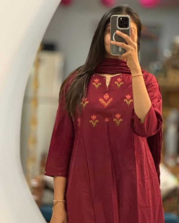 Maroon Cotton Embroidered Dupatta Set