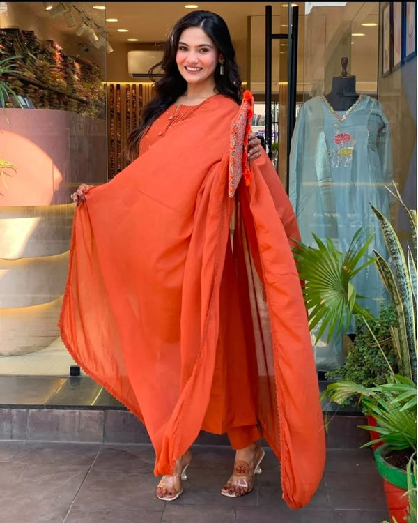 Rust Orange Cotton Floral Embroidered Dupatta Set