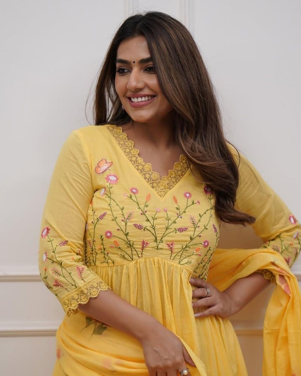 Pastel Yellow Cotton Embroidered Anarkali Dupatta Set