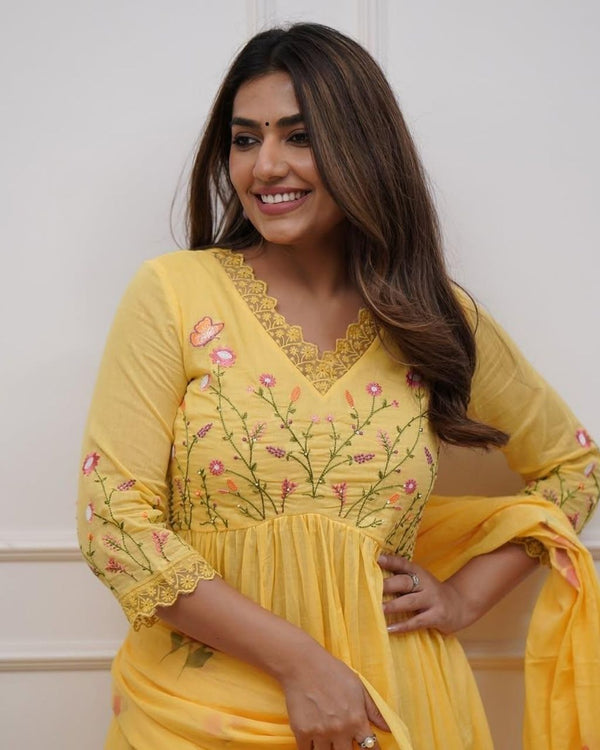 Pastel Yellow Cotton Embroidered Anarkali Dupatta Set