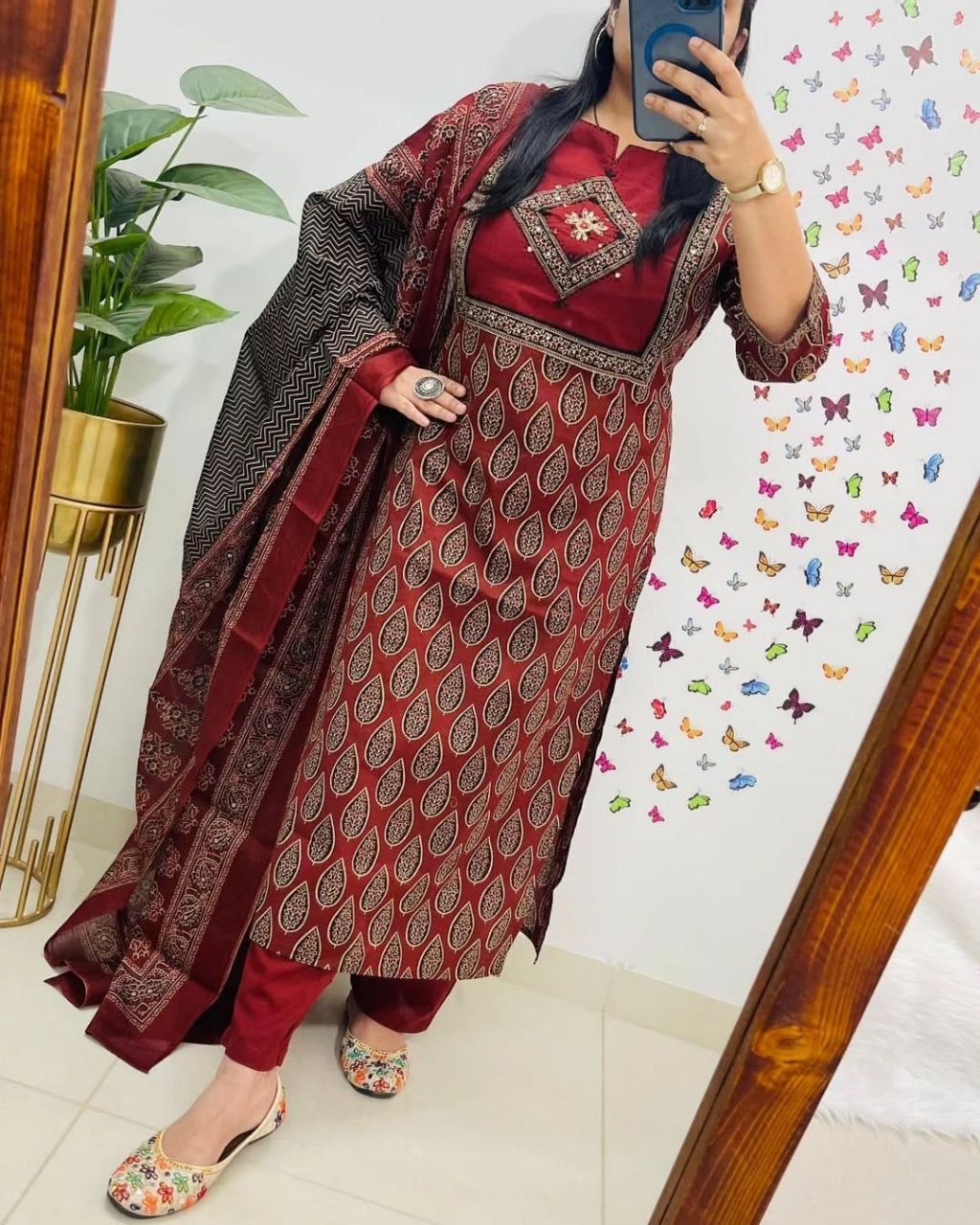 Premium Cotton Maroon Printed Dupatta Set