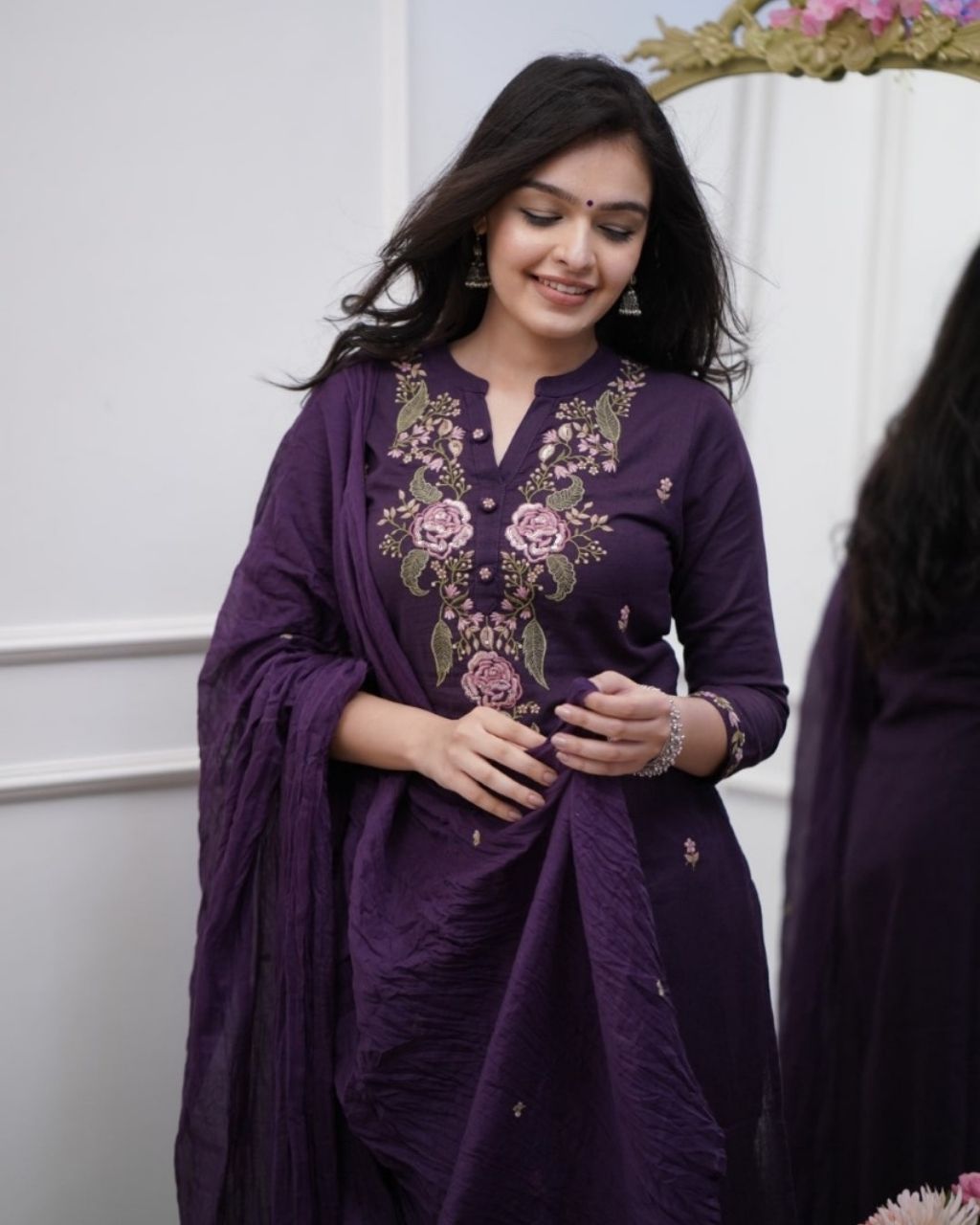 Deep Purple Cotton Embroidered 3-Piece Kurta Dupatta Set