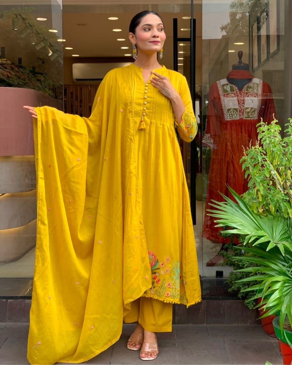Mustard Cotton Yellow Embroidered Dupatta Set