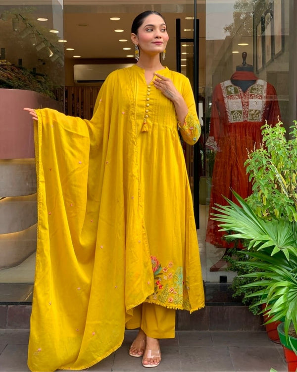 Mustard Cotton Yellow Embroidered Dupatta Set