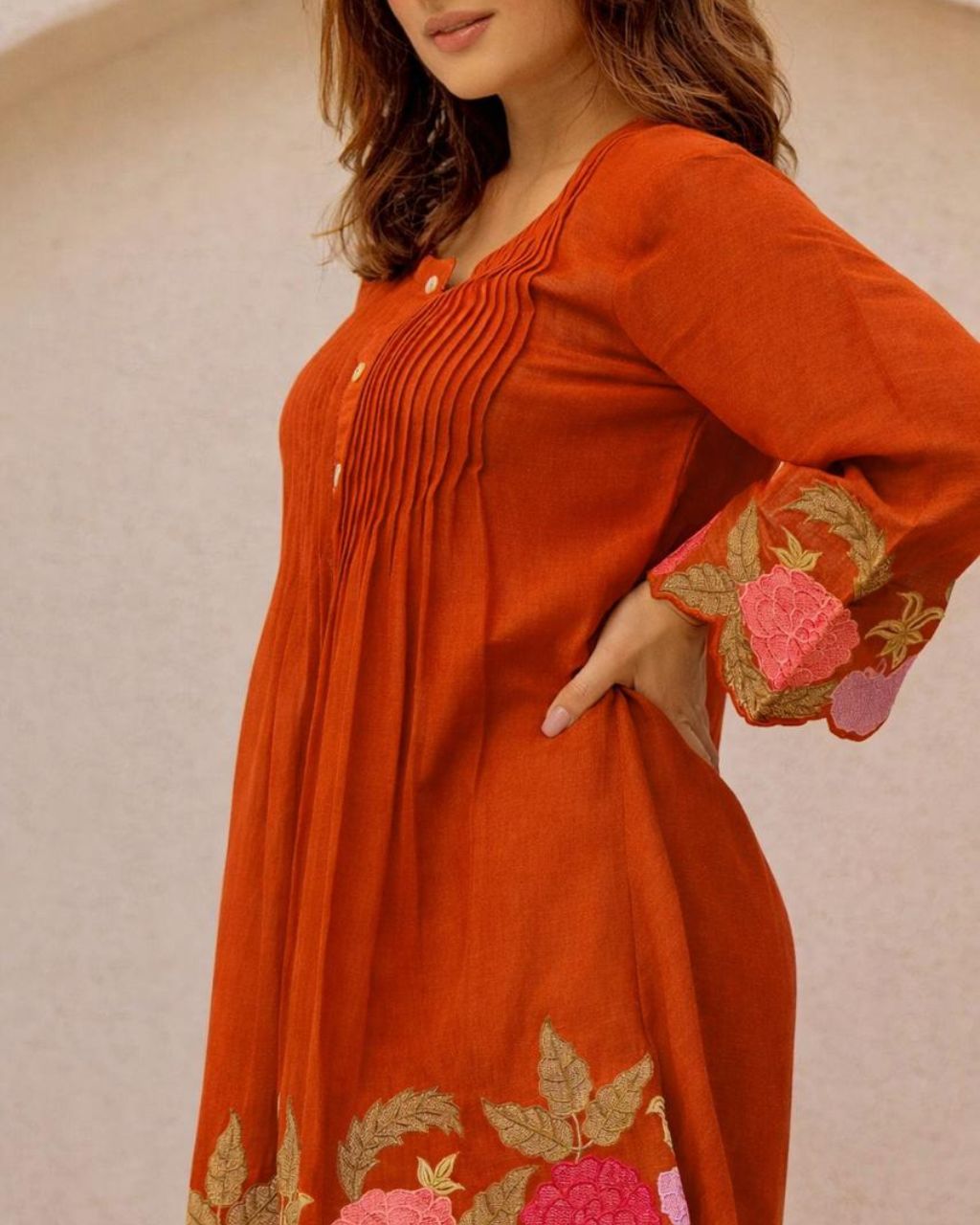 Rust Orange Cotton Floral Embroidery Co-ord Set