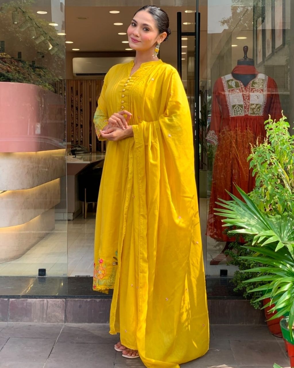 Mustard Cotton Yellow Embroidered Dupatta Set