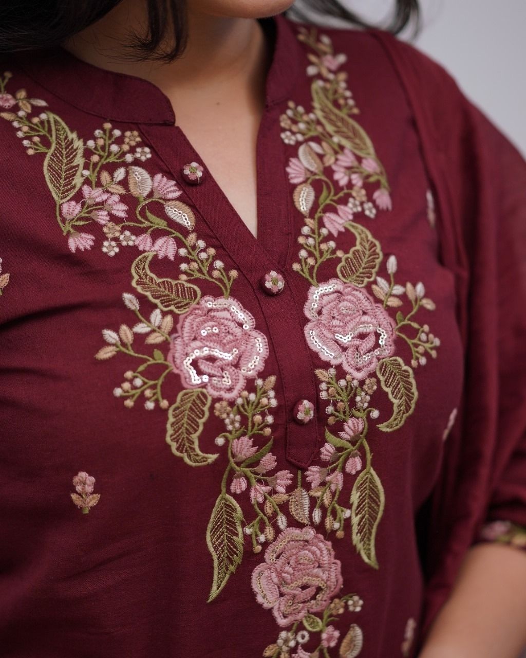 Wine Cotton Embroidered 3-Piece Kurta Dupatta Set