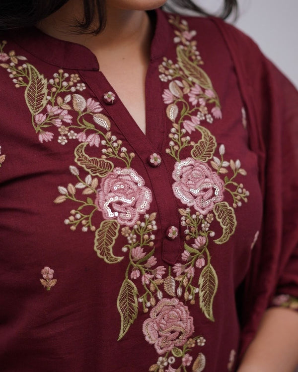 Wine Cotton Embroidered 3-Piece Kurta Dupatta Set
