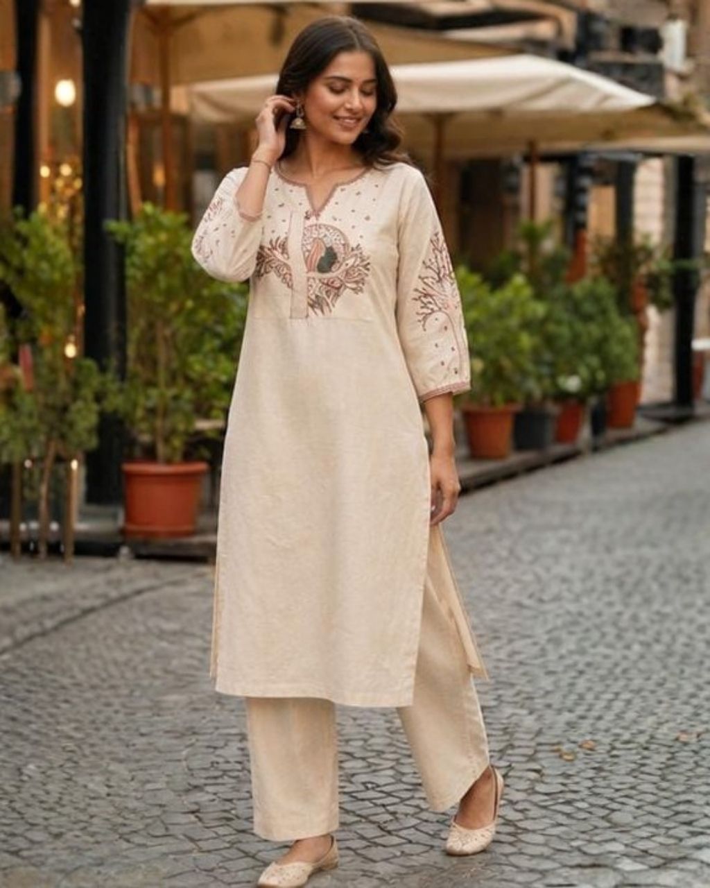 Ivory Cotton Embroidered Kurta Set