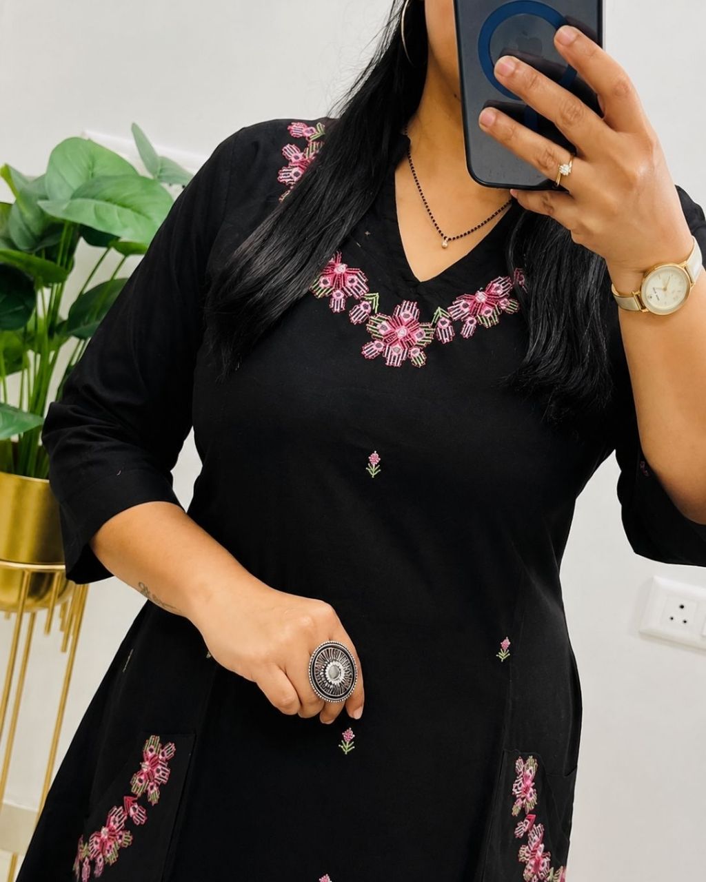 Black Cotton Embroidered Kurta Set