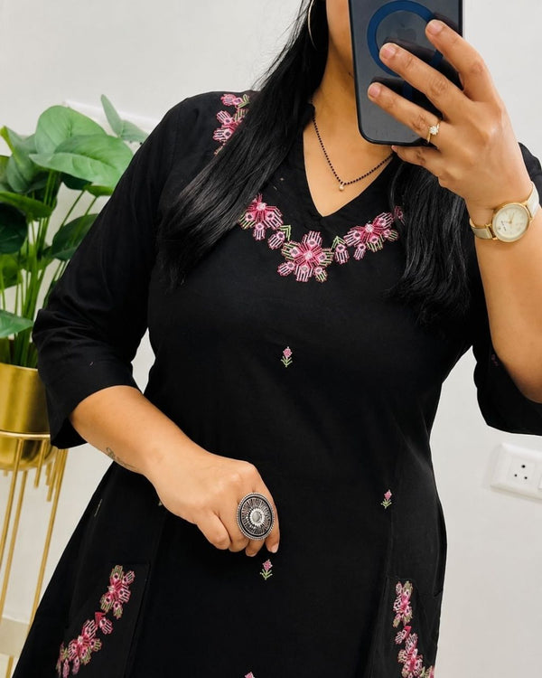 Black Cotton Embroidered Kurta Set