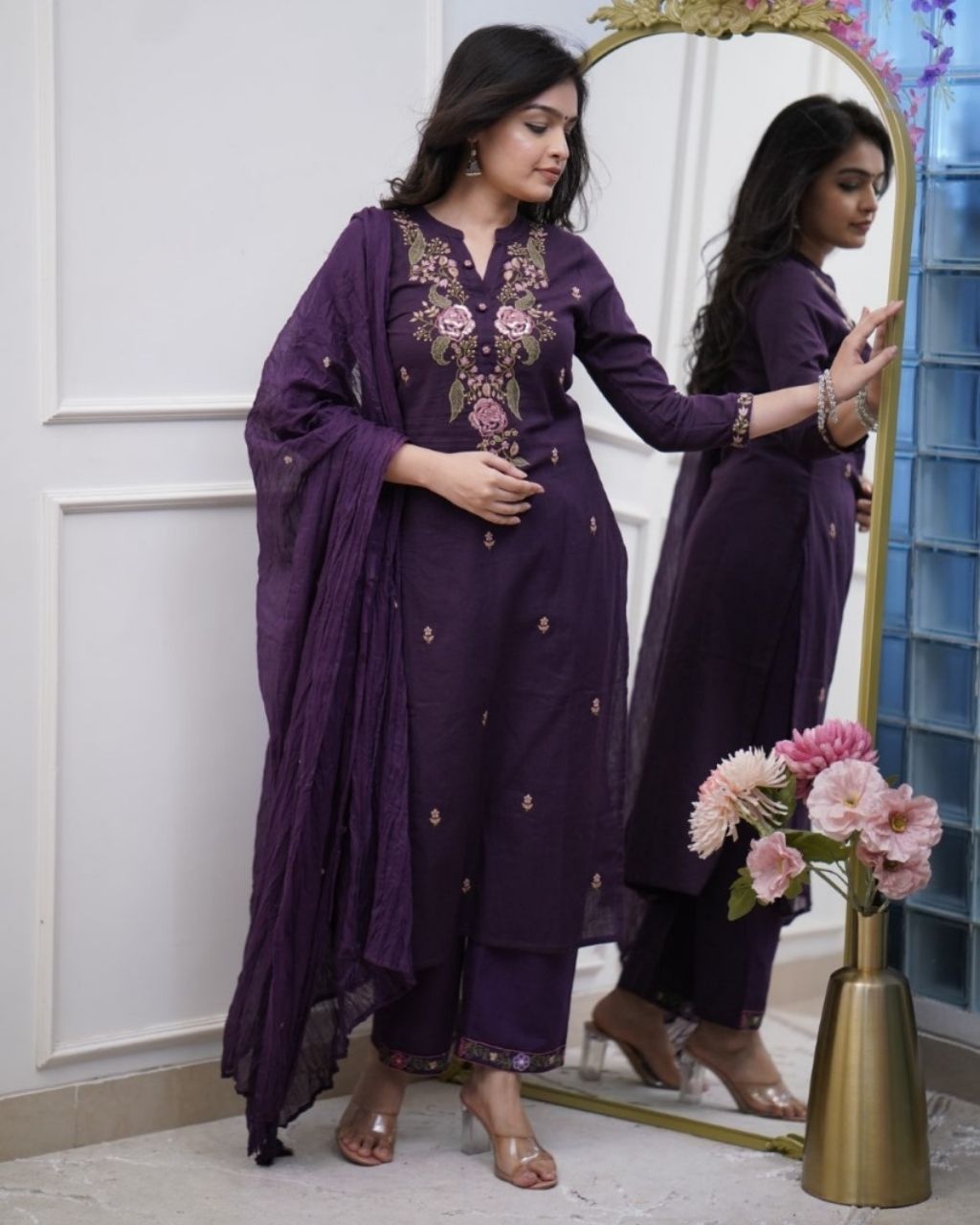 Deep Purple Cotton Embroidered 3-Piece Kurta Dupatta Set