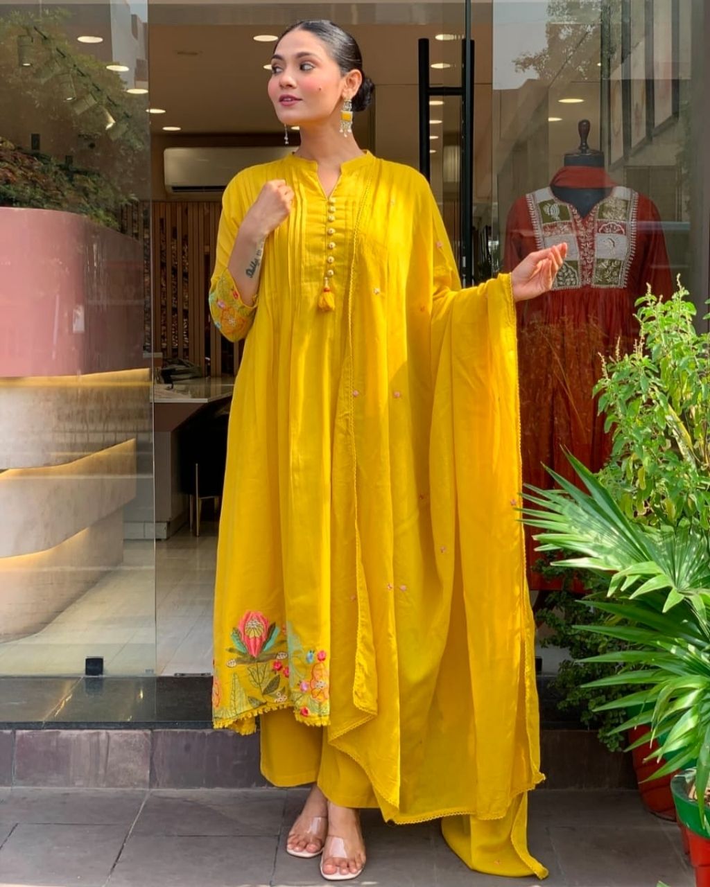 Mustard Cotton Yellow Embroidered Dupatta Set