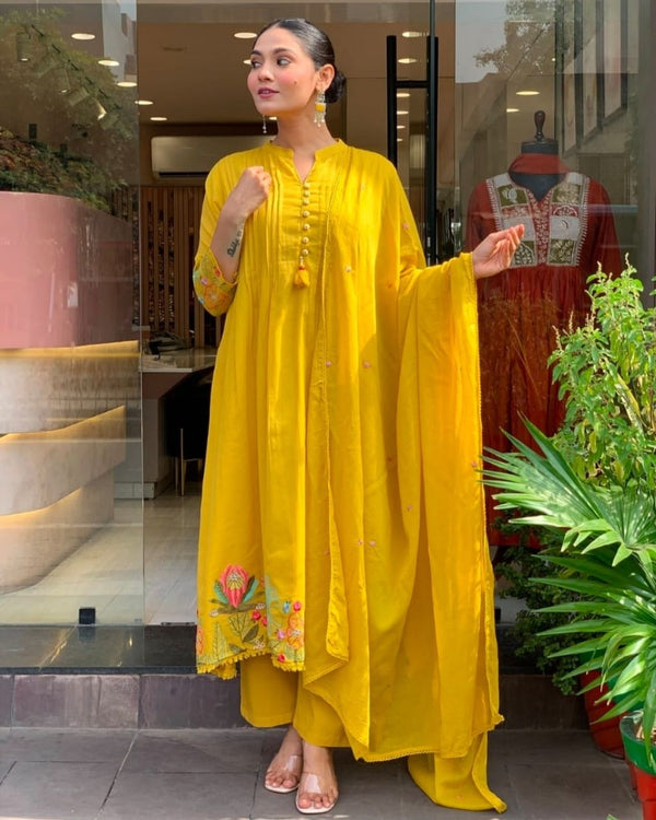 Mustard Cotton Yellow Embroidered Dupatta Set