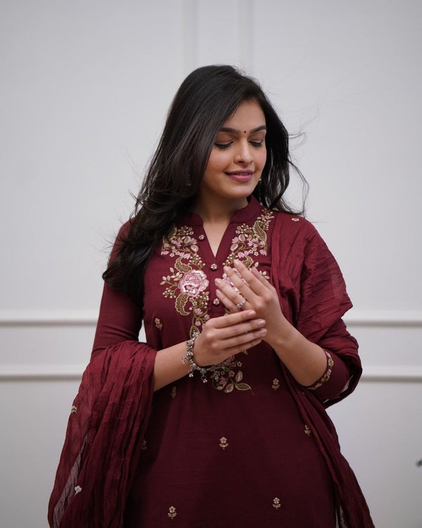 Wine Cotton Embroidered 3-Piece Kurta Dupatta Set
