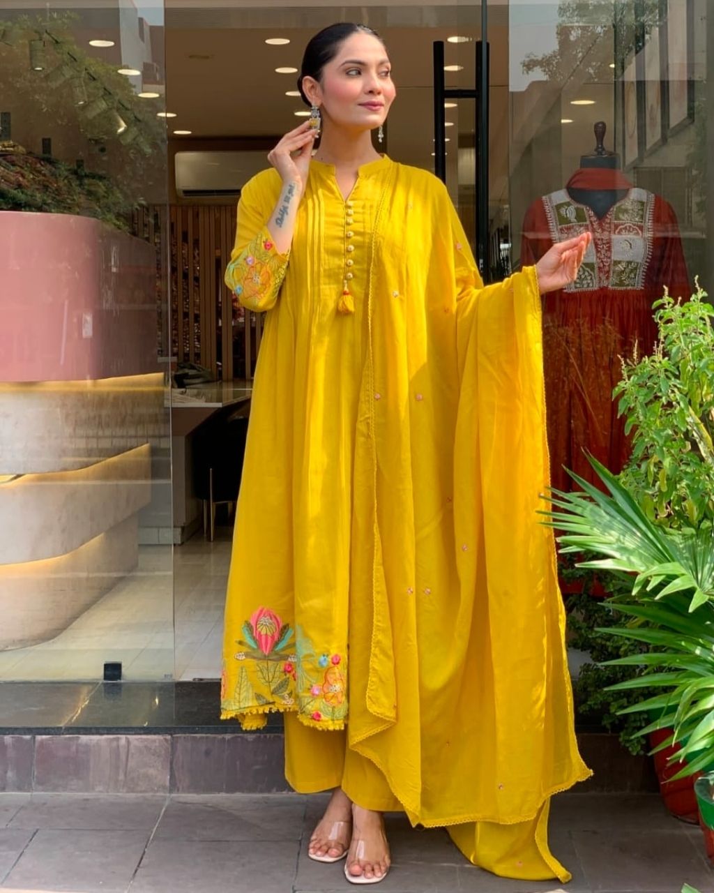Mustard Cotton Yellow Embroidered Dupatta Set