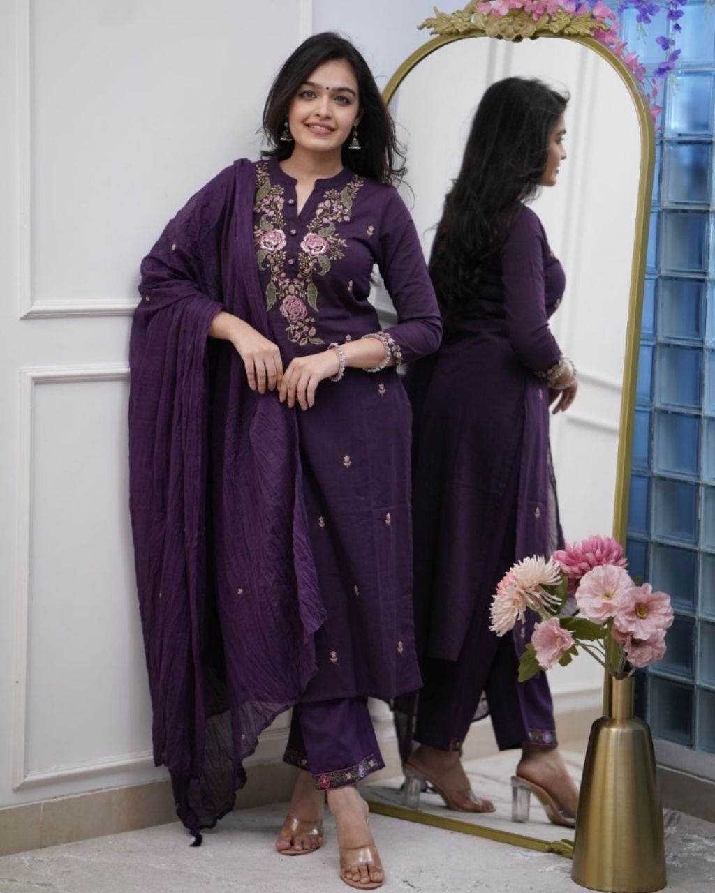 Deep Purple Cotton Embroidered 3-Piece Kurta Dupatta Set