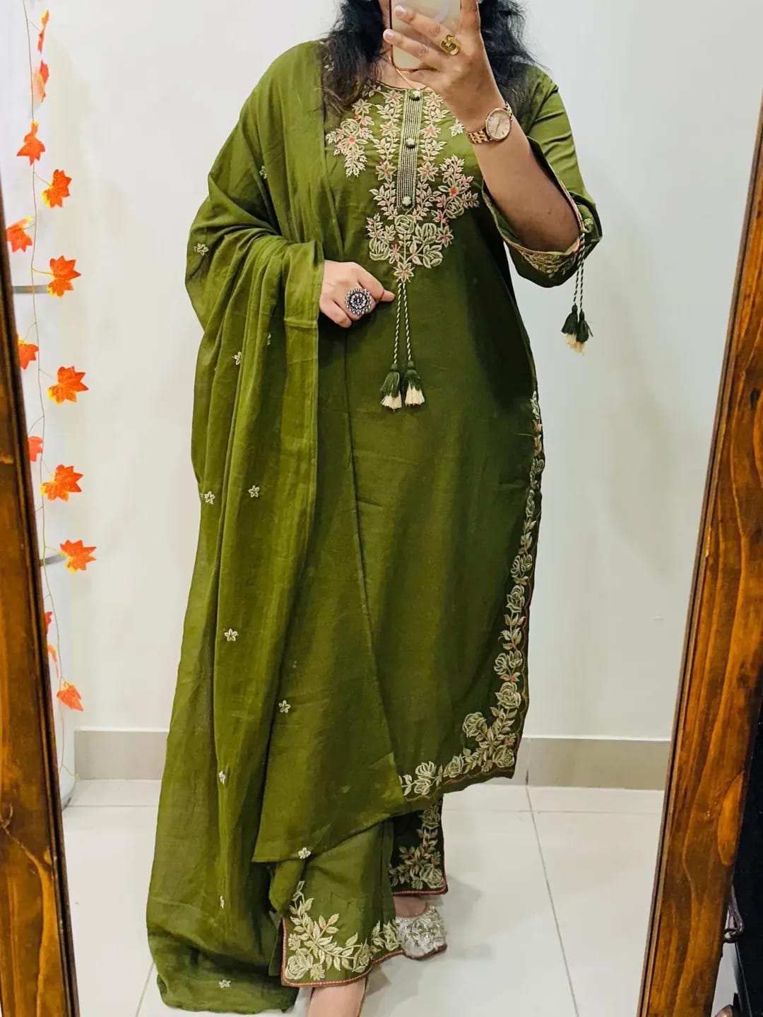 Olive Green Cotton Floral Embroidered Dupatta Set Main image