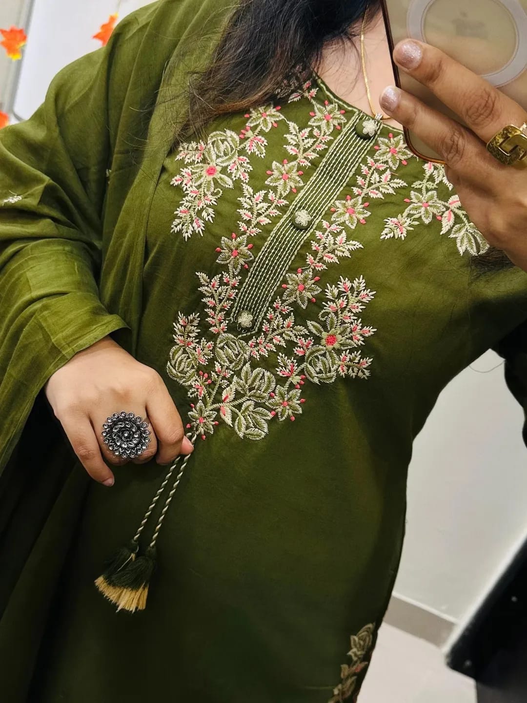 Olive Green Cotton Floral Embroidered Dupatta Set