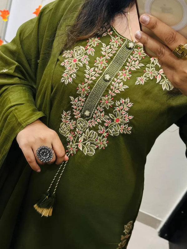Olive Green Cotton Floral Embroidered Dupatta Set