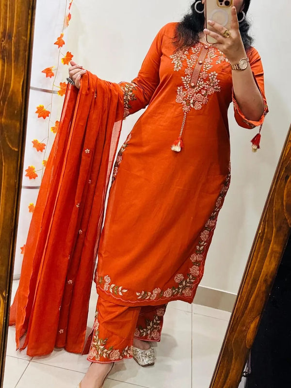 Orange Cotton Floral Embroidered Dupatta Set