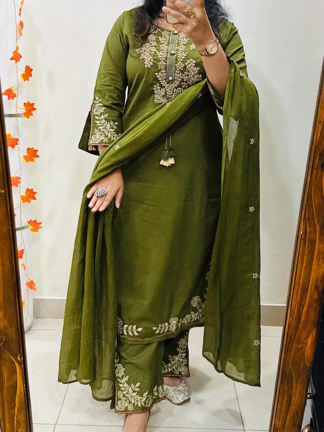 Olive Green Cotton Floral Embroidered Dupatta Set Secondary image