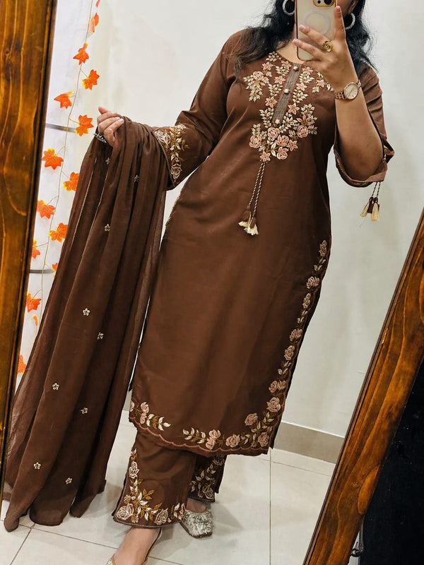 Brown Cotton Floral Embroidered Dupatta Set