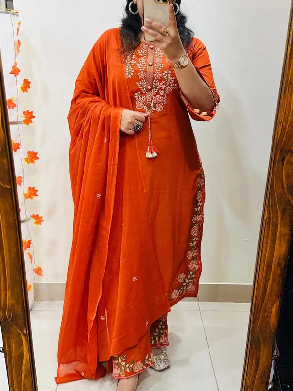 Orange Cotton Floral Embroidered Dupatta Set
