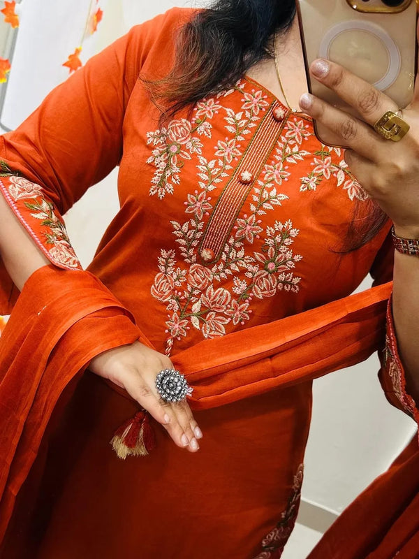 Orange Cotton Floral Embroidered Dupatta Set