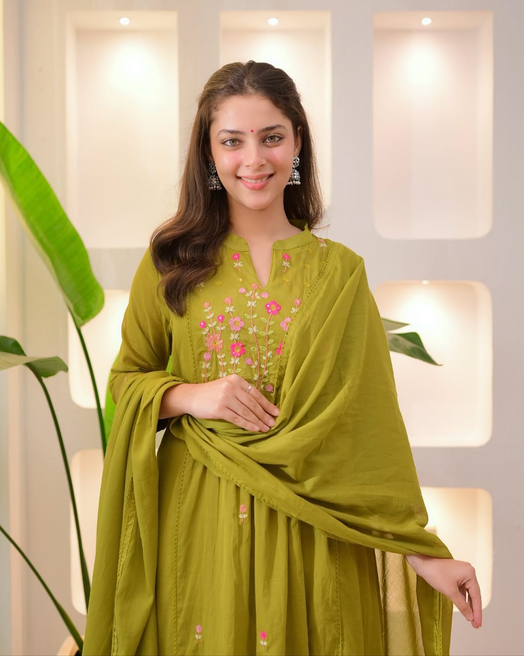 Olive Green Cotton Floral Embroidered Dupatta Set Secondary image