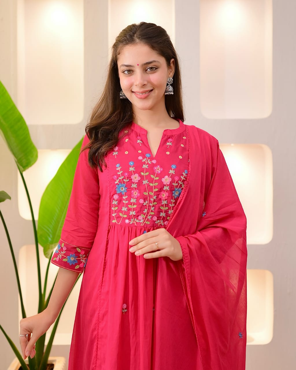 Rani Pink Cotton Heavy Embroidered Dupatta Set Secondary image