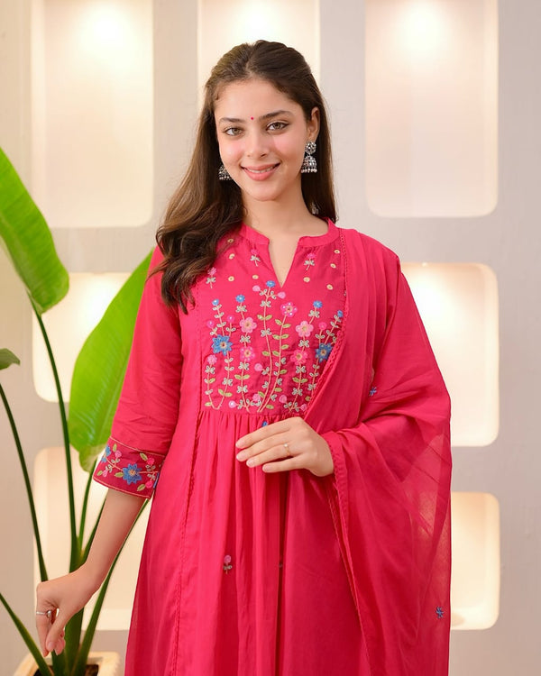 Rani Pink Cotton Heavy Embroidered Dupatta Set