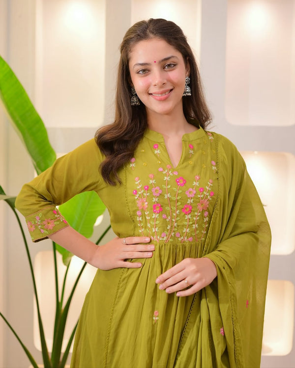 Olive Green Cotton Floral Embroidered Dupatta Set