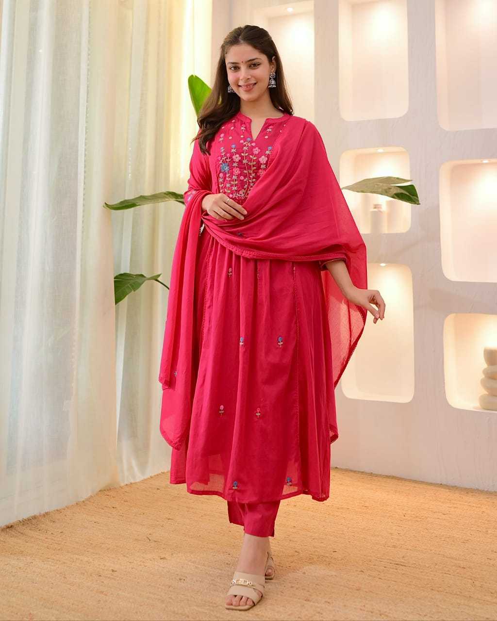 Rani Pink Cotton Heavy Embroidered Dupatta Set Main image