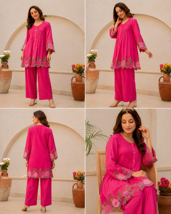Heavy Embroidered Pink Cotton Co-ord Set