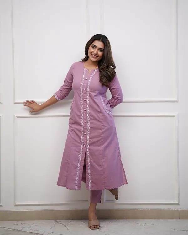 Lavender Cotton A-Line Embroidered Kurta Set Main image