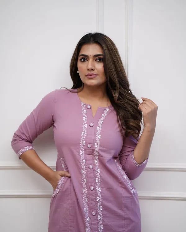 Lavender Cotton A-Line Embroidered Kurta Set