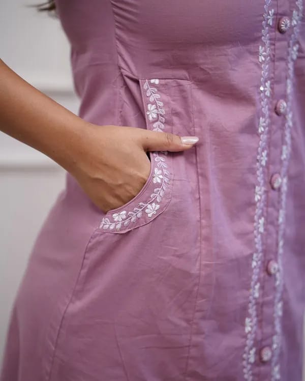 Lavender Cotton A-Line Embroidered Kurta Set