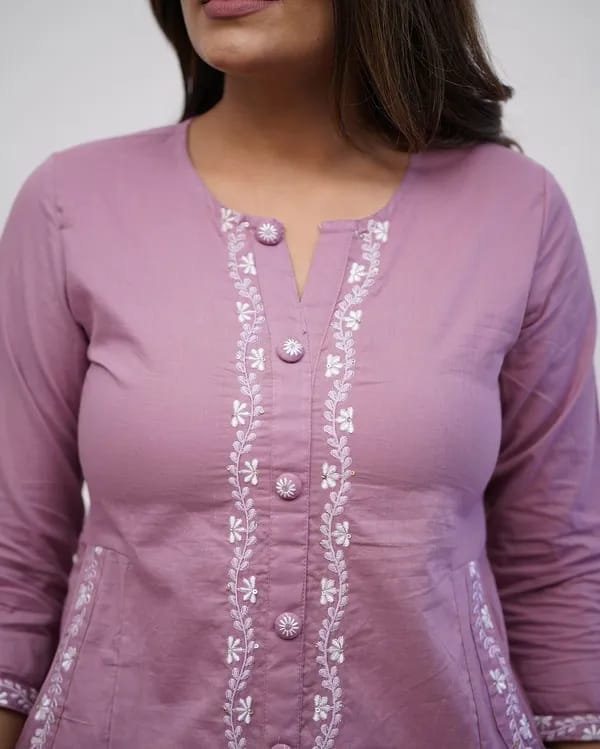 Lavender Cotton A-Line Embroidered Kurta Set