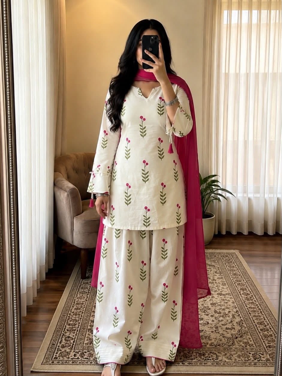 off white fancy dori top and style pant and Dupatta Set