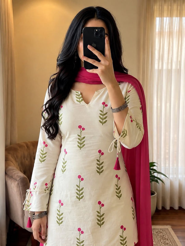 off white fancy dori top and style pant and Dupatta Set