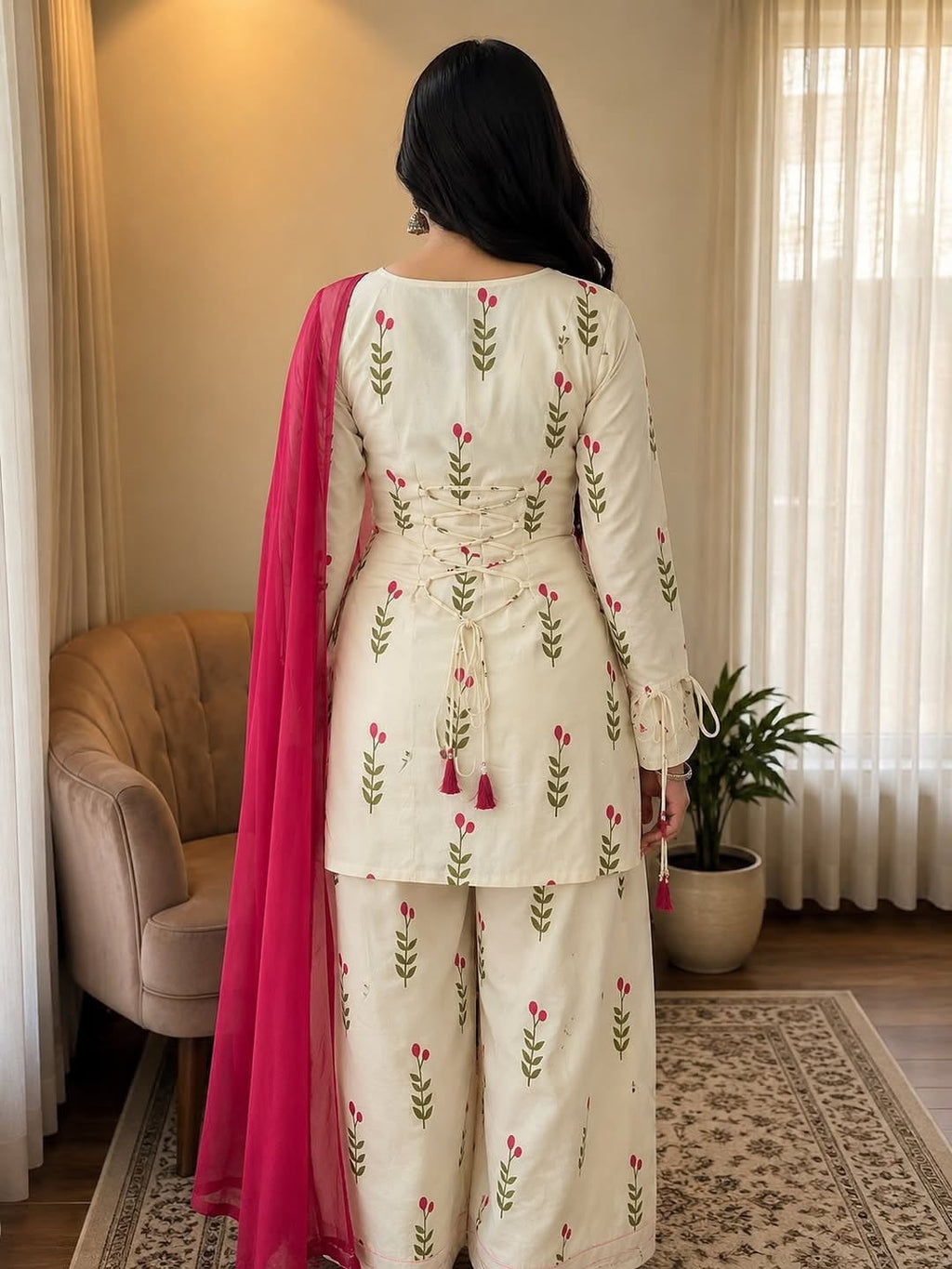 off white fancy dori top and style pant and Dupatta Set
