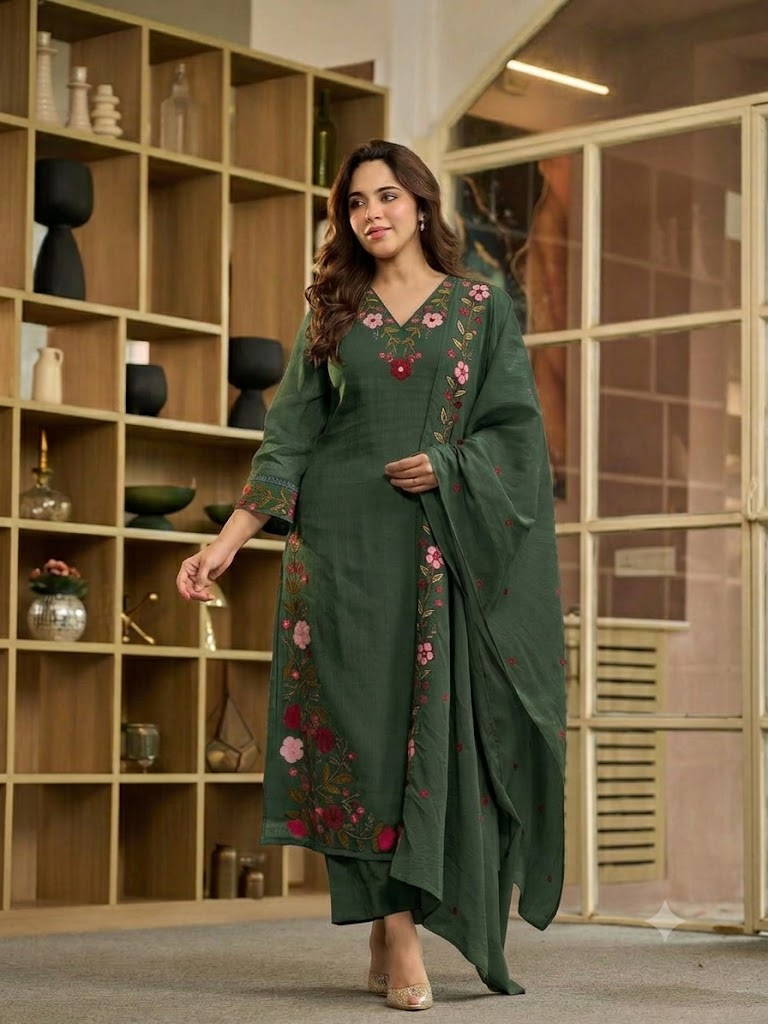 bottal green v neck kurta with pent and duppta sat Main image